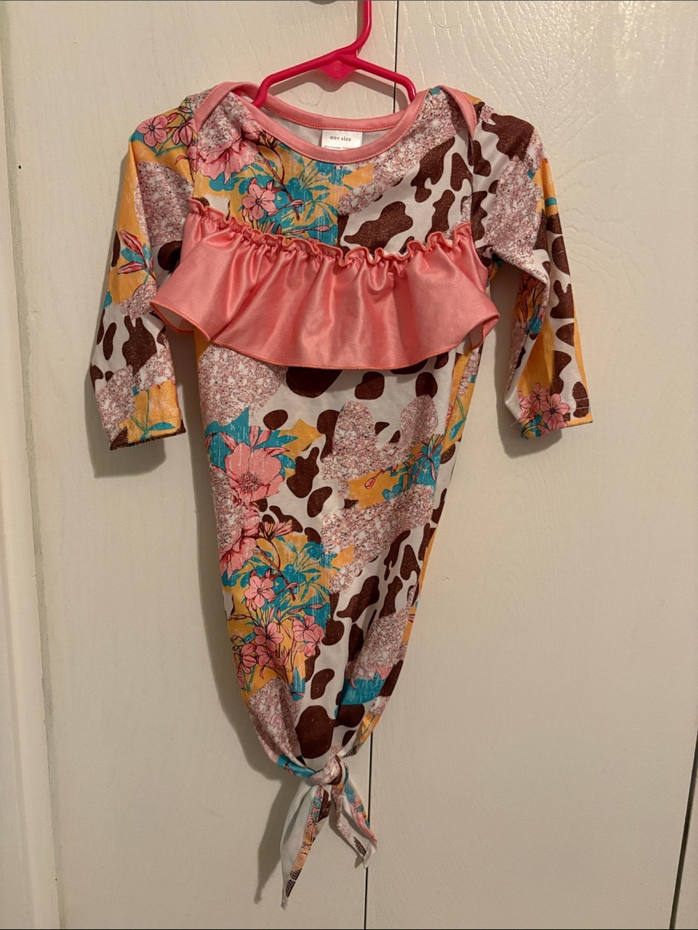 Girls Floral & Cow Print Pink Ruffle Knotted One-Piece